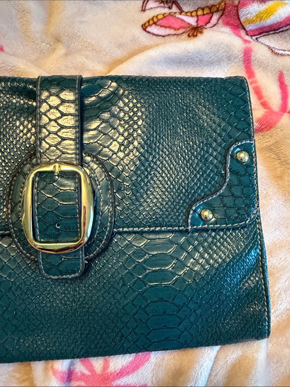 Deep Teal Animal Skin Faux Leather Clutch Gold Buckle Glossy Purse Handbag - Picture 2 of 10